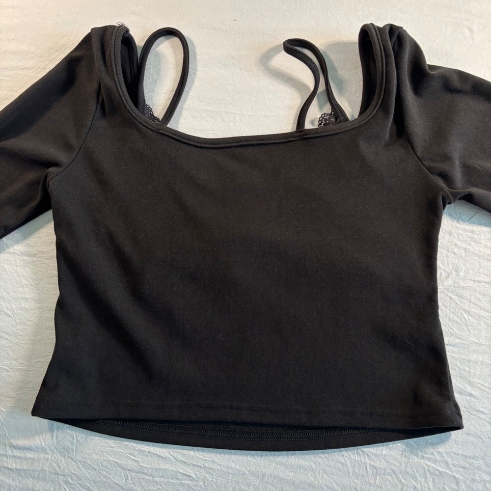 Dazy Black Lace Trim Layered Cami Long Sleeve Crop Top XL whimsy goth - Picture 2 of 9